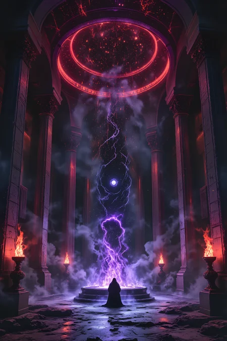 A corrupted temple's main chamber features a floating black crystal altar. Dark energy flows like water up the pillars, which are carved with scenes of conquest. The ceiling shows a map of the stars in glowing red lines, while shadowy figures in ornate robes attend to dark rituals. Purple flames burn in brass braziers while shadow creatures lurk in the corners. , detailed background Fantastic lighting. Detailed shadows.intricate details, vivid colors, hyper-detailed, ultra-sharp, High resolution, high detail. Highly detailed. <lora:OBæç«å¾äººåæå½±Instant camera portrait photography V2.0:1.0>, <lora:Dark side of light:0.55>, <lora:aidmaFLUXPro1.1-FLUX-v0.3:1.0>, <lora:Glitchcore_Flux:0.8>,