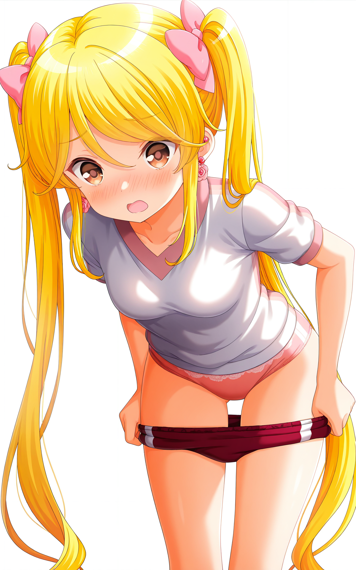 masterpiece,best quality,good quality,newest,4k,perfect lighting,cinematic,very aesthetic,official art,anime screencap,anime coloring,detailed fingers,(((white background, simple background))),
1girl,solo,tokitani koruri,blonde hair, twintails,long hair,hair bow,brown eyes,rose earrings,small breasts,
seio gym uniform,white shirt,short sleeves,panties,red buruma,thighs,undressing buruma,buruma pull,pulled by self,
standing,leaning forward,looking at viewer,surprised,open mouth,blush,embarrassed,wide eyes,BREAK
<lora:ILkoruri:1>