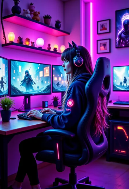 A vibrant and stylish gaming room with neon lighting, featuring a gamer girl in the center. She has long, flowing hair, wearing a trendy hoodie with glowing accents, and headphones with cat ears. She is sitting in a sleek gaming chair, surrounded by multiple high-tech monitors displaying colorful game screens. The room is decorated with RGB LED lights, a shelf filled with gaming collectibles, and posters of iconic video game characters. The aesthetic combines cyberpunk and modern gaming culture, with soft purple and blue hues illuminating the space. The gamer girl is focused and enthusiastic, her energy reflecting a passion for gaming, Jedjv1, aidmaimageupgrader