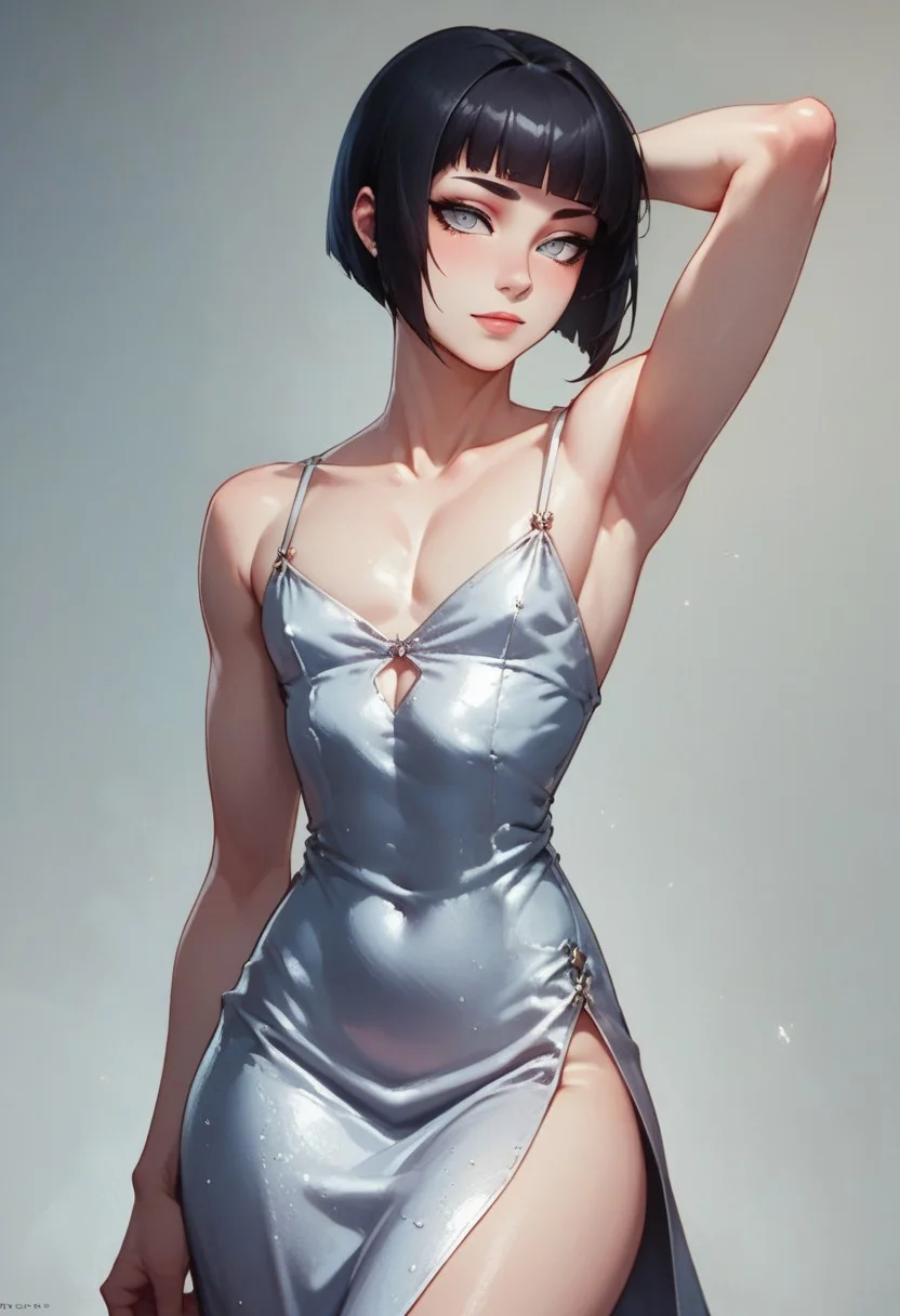 score_9, score_8_up, score_7_up, 1boy, femboy, otoko no ko, short hair, bob cut hair, black hair, grey eyes, gray eyes, feminine face, toned body, Shelly, Jedstndr, Satin Slip Dress, spaghetti straps, midi length, side slit, highly detailed, intricate, zzCitronCAT, pose, modelshoot, solo