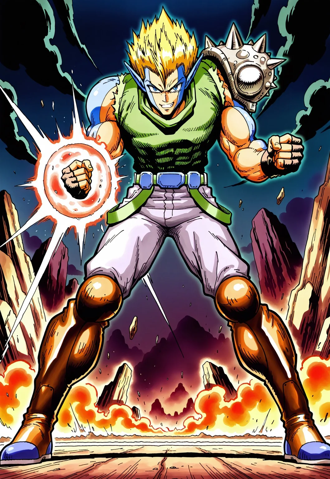 masterpiece, best quality, amazing quality, very aesthetic, absurdres, newest, ffl1mutantmal, 1boy, male focus, muscular, spiked hair, blonde hair, green sleeveless shirt, two-tone skin, single spiked pauldron, kneehigh boots, black fingerless gloves, blue eyes, gray pants, action pose, full body, looking at viewer, straight-on, suspenders hanging, magic, energy ball