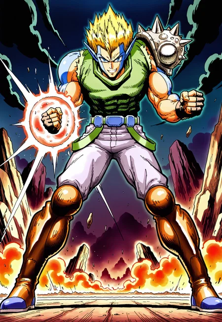 masterpiece, best quality, amazing quality, very aesthetic, absurdres, newest, ffl1mutantmal, 1boy, male focus, muscular, spiked hair, blonde hair, green sleeveless shirt, two-tone skin, single spiked pauldron, kneehigh boots, black fingerless gloves, blue eyes, gray pants, action pose, full body, looking at viewer, straight-on, suspenders hanging, magic, energy ball