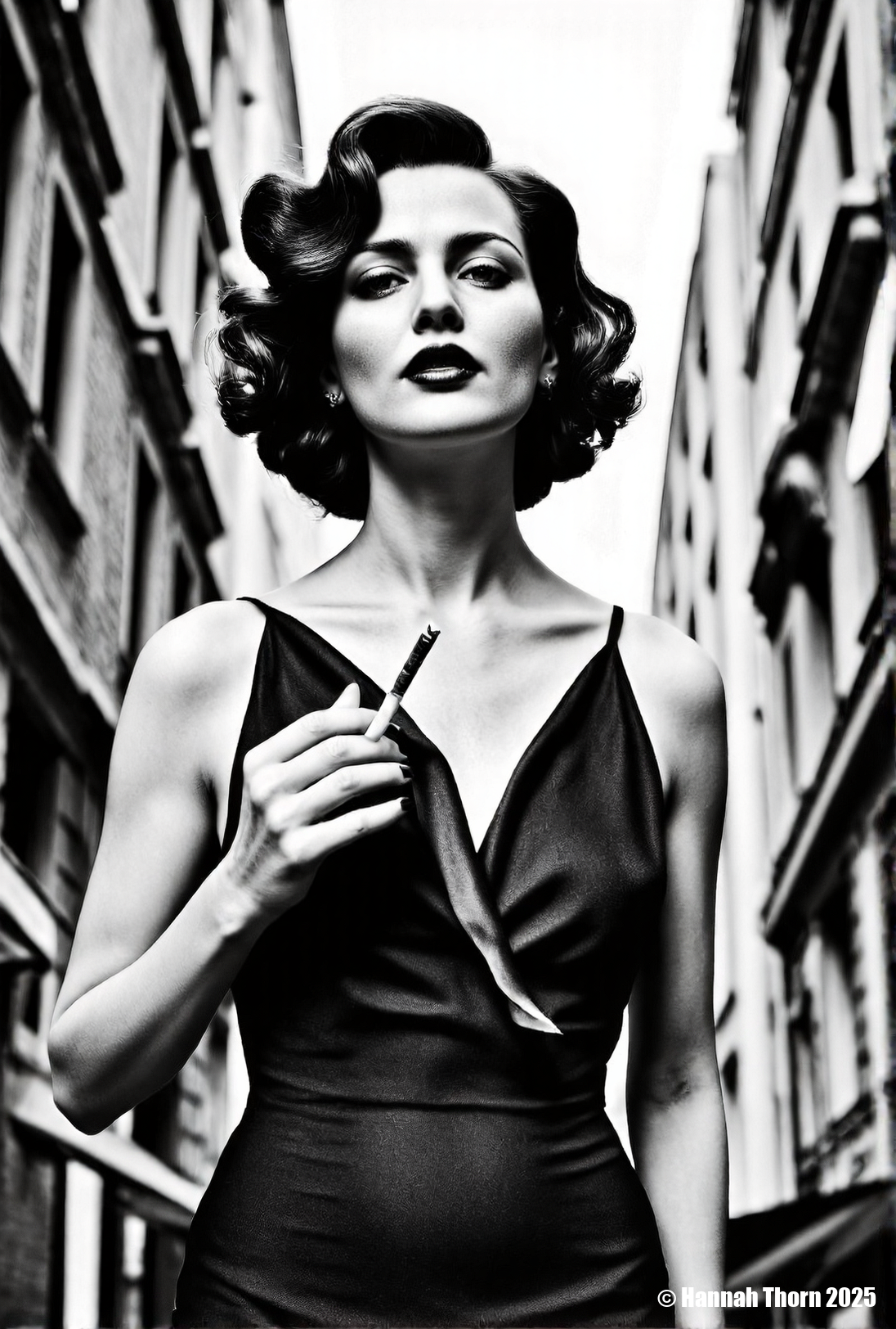 A realistic black and white portrait of a beautiful woman with dark, curly hair, standing in a bustling city street with tall buildings on either side, looking up and slightly to the right, holding a cigarette in her hand, wearing a dark v-neck dress, captured with a shallow depth of field, creating a dreamy and nostalgic atmosphere, reminiscent of classic fashion photography, the lighting is soft and diffused, emphasizing the woman's features and creating a sense of timeless elegance, shot with a medium format camera and a fast lens, such as an 85mm at f/2.8, to achieve a smooth bokeh effect in the background, the buildings are slightly blurred, adding to the overall sense of depth and focus on the subject, the composition is carefully balanced, with the woman positioned slightly off-center to create visual interest, the overall tone is sophisticated and glamorous, evoking a sense of old Hollywood charm, a sense of nostalgia and timeless beauty., <lora:_Flux\_Photographer\Helmut_Newton-000001.safetensors:0.8300000000000002:0.8300000000000002> <lora:_Flux\_Skin_Appearance\detailifier_flux-000006.safetensors:0.8300000000000002:0.8300000000000002> <lora:_Flux\_Skin_Appearance\Old_Beauty.safetensors:0.7500000000000001:0.7500000000000001>, A striking black and white portrait of a woman, reminiscent of classic Hollywood glamour, with a film strip draped across her face, creating a surreal and artistic effect. The image is captured with a shallow depth of field, emphasizing the sharpness of her features and the film strip, while gently blurring the background. The lighting is soft and diffused, highlighting the contours of her face and adding a timeless quality to the photograph. The overall style evokes the elegance of vintage photography, with a modern twist that challenges conventional portraiture. Shot with a Hasselblad camera and an 80mm lens, f/2.8, ISO 100., <lora:_Flux\_Photographer\Helmut_Newton-000001.safetensors:0.8300000000000002:0.8300000000000002> <lora:_Flux\_Skin_Appearance\detailifier_flux-000006.safetensors:0.8300000000000002:0.8300000000000002> <lora:_Flux\_Skin_Appearance\Old_Beauty.safetensors:0.7500000000000001:0.7500000000000001><lora:_Flux\_Photographer\Helmut_Newton-000001.safetensors:0.8300000000000002:0.8300000000000002> <lora:_Flux\_Skin_Appearance\detailifier_flux-000006.safetensors:0.8300000000000002:0.8300000000000002> <lora:_Flux\_Skin_Appearance\Old_Beauty.safetensors:0.7500000000000001:0.7500000000000001>