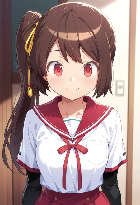 masterpiece,best quality,amazing quality, tsuruno yui, brown hair, red eyes, long hair, side ponytail, 1girl, school uniform, solo, red sailor collar, serafuku, smile, ribbon, shirt, white shirt, breast pocket, sailor collar, layered sleeves, pocket, arms at sides