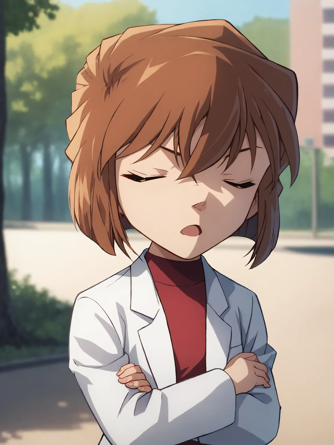 score_9, score_8_up,sharp focus,, absurdres, highres, illustration, depth of field, outdoors, forest, blue sky, aixl, 1girl, solo, short hair, open mouth, brown hair, long sleeves, closed eyes, upper body, crossed arms, red shirt, white jacket, labcoat, bangs, bob cut, hair between eyes <lora:aixl:1>