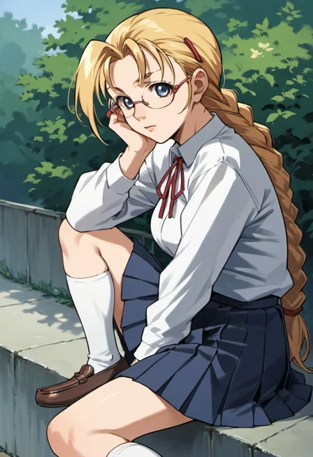 score_9, score_8_up, score_7_up, source_anime, miu furinji, blue eyes, blonde hair, long hair, 1girl, solo, glasses, braid, school uniform, skirt, socks