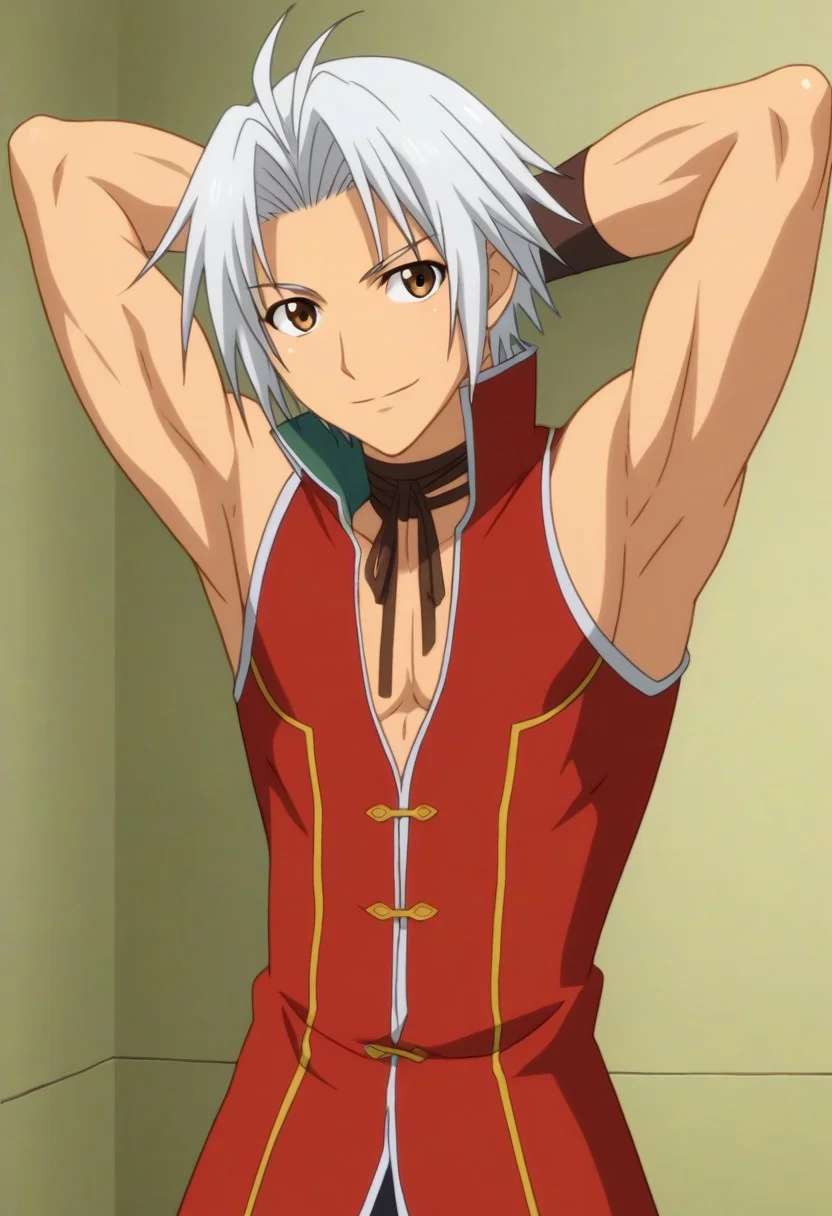 ((masterpiece)), ((best quality)), ((ultra-detailed)), ((absurdres)), score_9_up, score_8_up, score_7_up,
HD, top quality, best quality, amazing quality, High-quality illustrations, anime screencap, source_anime, best aesthetic, perfect proportions, perfect eyes, 1boy, 1male, solo boy, solo male, male focus, solo male focus, Anime, boy, male anime character, anime boy, handsome, cute, charming, sexy, good-looking, ((lean body, toned body)), Souma Akizuki, white hair, split bangs, brown eyes, brown neck strings, long red coat, sleeveless, low neckline, brown wristbands, black-brown pants, ((head to hips shot, cowboy shot, upper body shot)), ((smile, closed mouth)), ((hands behind head pose)), ((valley, wide open field))