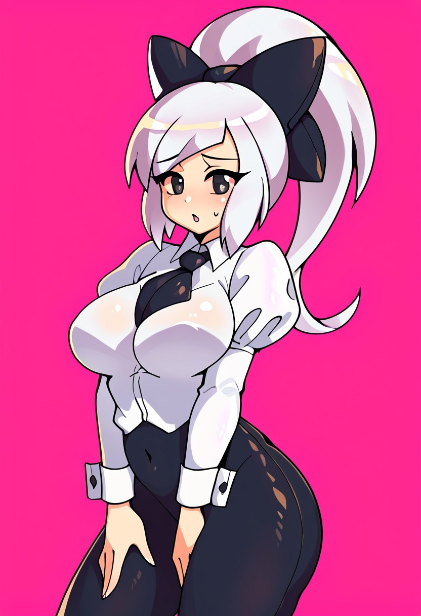 score_9, score_8_up, score_7_up, score_6_up, score_5_up, score_4_up, source_cartoon, <lora:confetti-extract- ponyxl:0.85>, detailed eyes, easynegative, rating_explicit, Expressiveh, 1girl, solo,
Geraldine, shirt, long sleeves, white shirt, white hair, ponytail, sidelocks, thighs, hair bow, collared shirt, pants, puffy sleeves, bowtie, black eyes,  wrist cuffs, black bow, dress shirt, swept bangs, black pants,  high ponytail, juliet sleeves,  black bowtie,  sleeve cuffs, traditional bowtie, necktie, big breasts, blush, shy