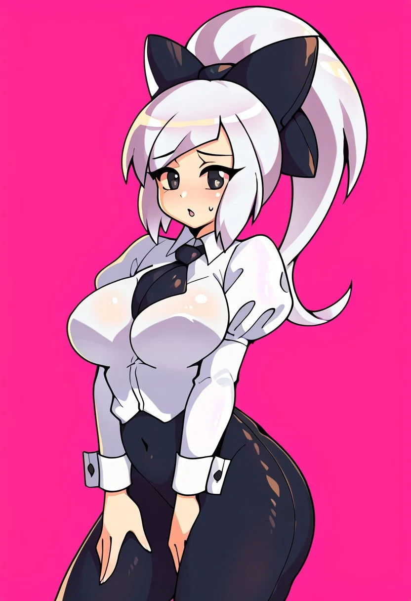 score_9, score_8_up, score_7_up, score_6_up, score_5_up, score_4_up, source_cartoon, <lora:confetti-extract- ponyxl:0.85>, detailed eyes, easynegative, rating_explicit, Expressiveh, 1girl, solo,
Geraldine, shirt, long sleeves, white shirt, white hair, ponytail, sidelocks, thighs, hair bow, collared shirt, pants, puffy sleeves, bowtie, black eyes, wrist cuffs, black bow, dress shirt, swept bangs, black pants, high ponytail, juliet sleeves, black bowtie, sleeve cuffs, traditional bowtie, necktie, big breasts, blush, shy