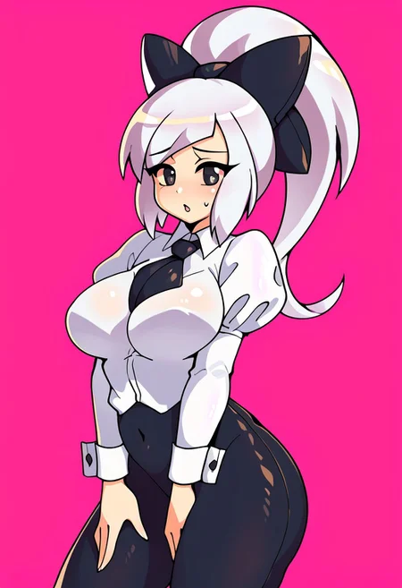 score_9, score_8_up, score_7_up, score_6_up, score_5_up, score_4_up, source_cartoon, <lora:confetti-extract- ponyxl:0.85>, detailed eyes, easynegative, rating_explicit, Expressiveh, 1girl, solo,
Geraldine, shirt, long sleeves, white shirt, white hair, ponytail, sidelocks, thighs, hair bow, collared shirt, pants, puffy sleeves, bowtie, black eyes,  wrist cuffs, black bow, dress shirt, swept bangs, black pants,  high ponytail, juliet sleeves,  black bowtie,  sleeve cuffs, traditional bowtie, necktie, big breasts, blush, shy