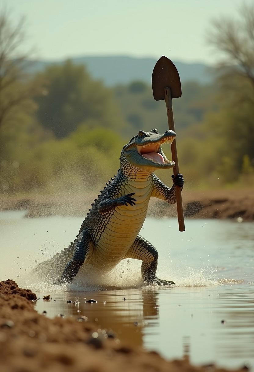 Cinematic Movie film still , A realistic photo of a Crocodile running on 2 legs holding a shovel up in the air chasing a game-keeper man that is running away, around a pound in Africa. 4k, 8k ,UHD
