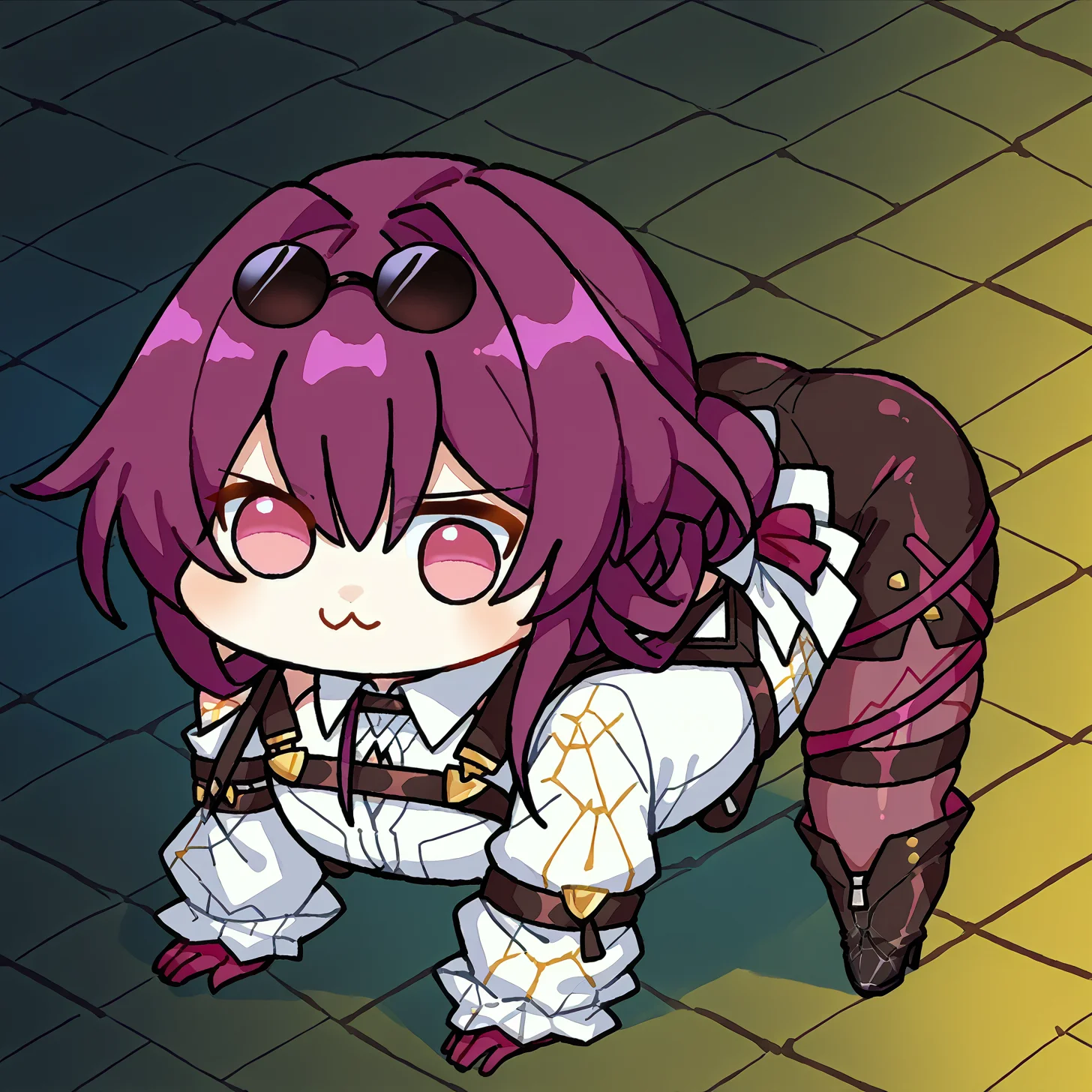 score_9, score_7_up, source_anime,<lora:Doro_X_PDXL_V1:1> doro, creature, :3, chibi, no humans, white skin, solid circle eyes, no pupils, four legs, BREAK <lora:AEKafka:1> aekafka, sunglasses, jacket on shoulders, collared shirt, arm belt, chest harness, purple gloves, black shorts, high-waist shorts, pantyhose under shorts, purple pantyhose, thigh strap, asymmetrical footwear, single thigh boot, black footwear, high heel boots, all fours,