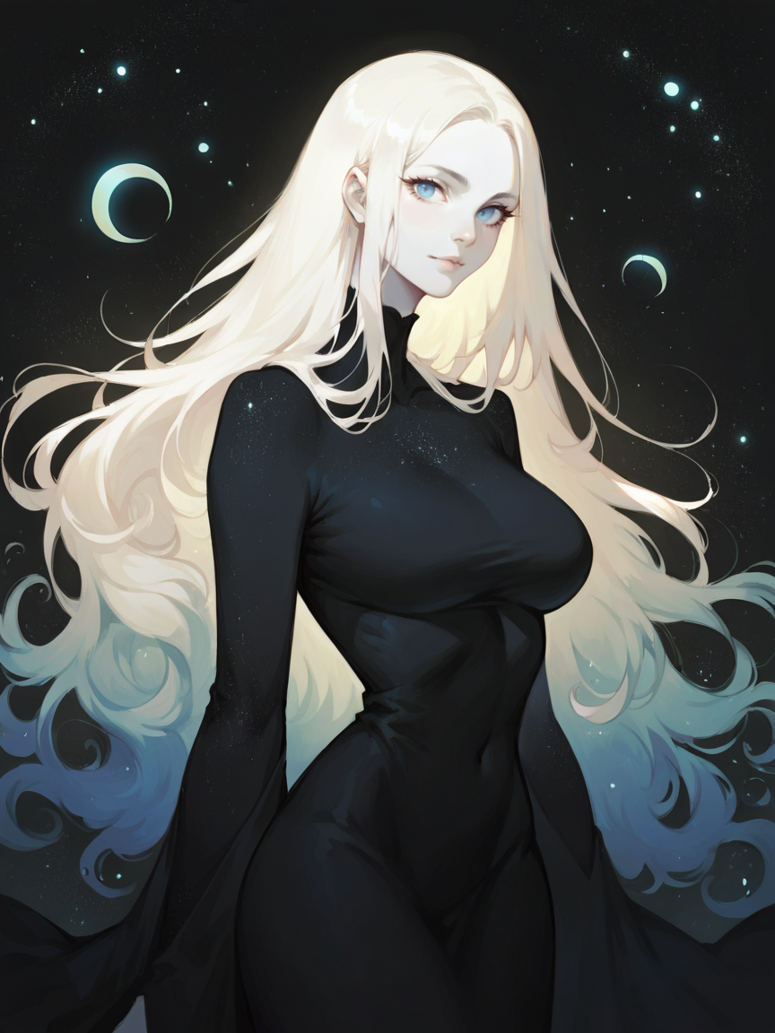 score_9, score_8_up, score_7_up, score_6_up, score_5_up,    <lora:watXLP:0.5> wat, 1girl, solo, black background, blue eyes, white skin, looking at viewer, tree, abstract, curvy, starry sky, long hair, black dress