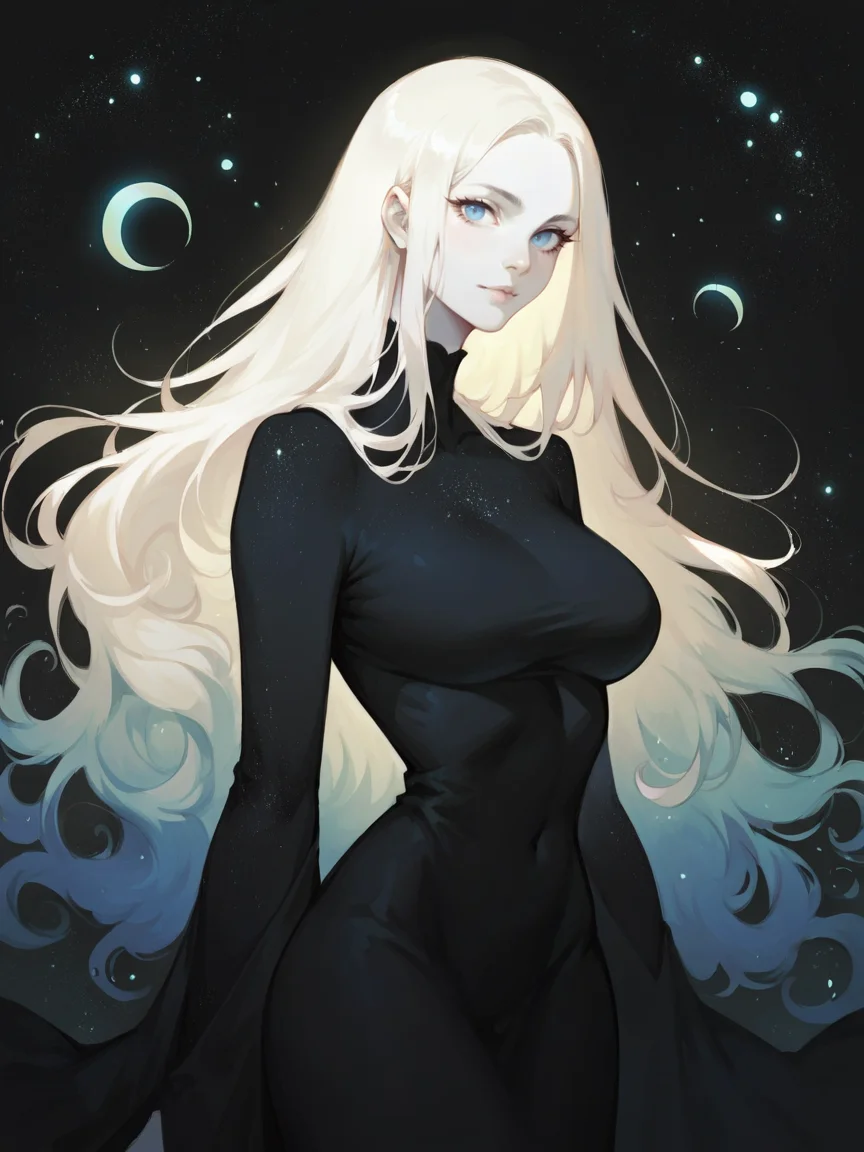 score_9, score_8_up, score_7_up, score_6_up, score_5_up, <lora:watXLP:0.5> wat, 1girl, solo, black background, blue eyes, white skin, looking at viewer, tree, abstract, curvy, starry sky, long hair, black dress