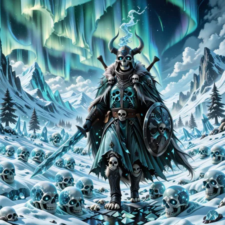 cf_style, skullthemeXL, frost glow, icy fog, rune sparkle, cartoon realism, bold expressions,
(1 fierce cat), wearing a horned Viking helmet and rugged fur cloak, holding a large round shield made from a fractured skull with glowing icy runes.  
Standing on a hill of broken skeletons, freshly fallen snow partially covering bone piles.  
Background is a frozen battlefield with ghostly enemies in the mist, aurora borealis casting green-blue glow on the scene.  
Fur covered in frost shards, battle pose with dramatic wind-swept motion. High-detail fur texture, frosty particle effects.
