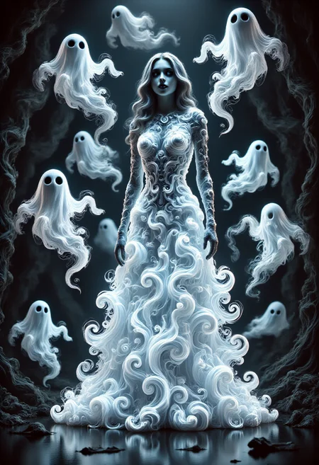 aidmafluxpro1.1, SW1RLYGH0ST,
A pale woman is wearing a glowing dress made of ghosts. she has a pale skin, detailed blue eyes and red lipstick. The scene is set in a dark twisted forest where swirly ghosts are flying around here.
masterpiece, best quality
