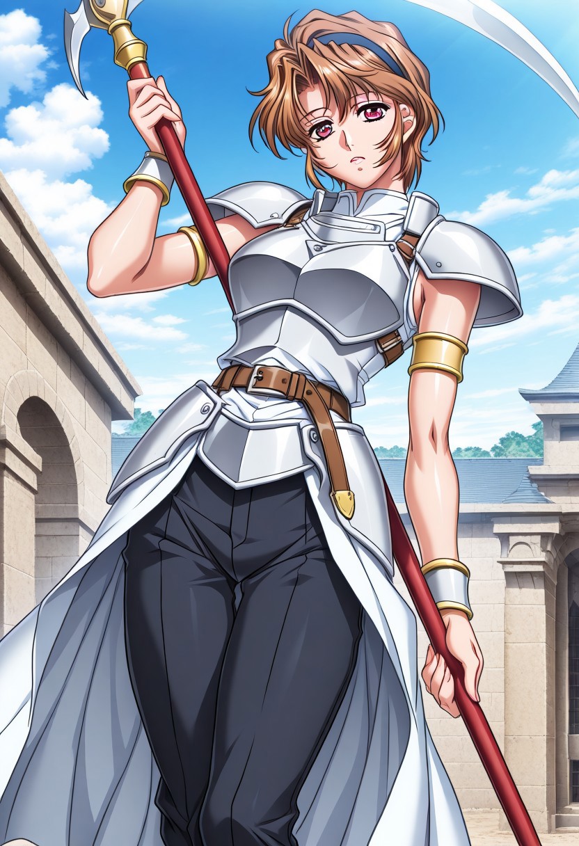 masterpiece, best quality, newest, highres, uncensored, 1girl, yokota mamoru style,1girl,
Hiizumi Hikaru,Brown Hair, Curtained Hair, Short Hair, Wavy Hair,Green Eyes,Slim
1girl, solo,long hair, armor, weapon, scythe, red eyes, sky, day, outdoors, cloud, hairband, armlet, holding，white dress，black pants