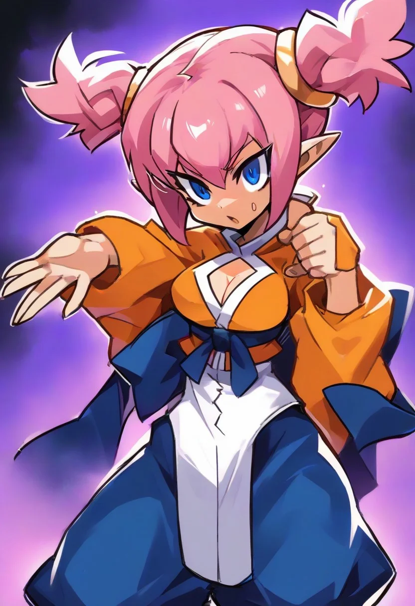 , fghtmstrssxl,twintails,blue eyes,pink hair,short hair,pointy ears,, cleavage cutout,orange shirt with long sleeves,blue pants,long white shirt,blue ribbon,long white pelvic curtain, ,bow,,<lora:FightMistressXL:0.9>,