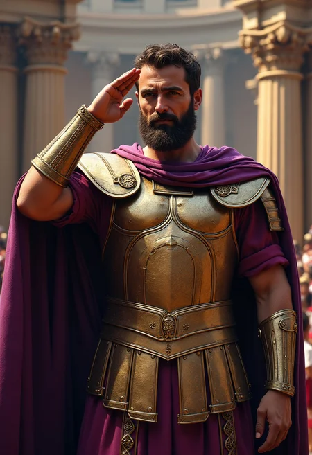A photorealistic depiction of a Roman Emperor, purple cloak, golden armor, concept art, saluting his ligeon, highly detailed armor, highly detailed background, Rome, masterpiece, absurdres,