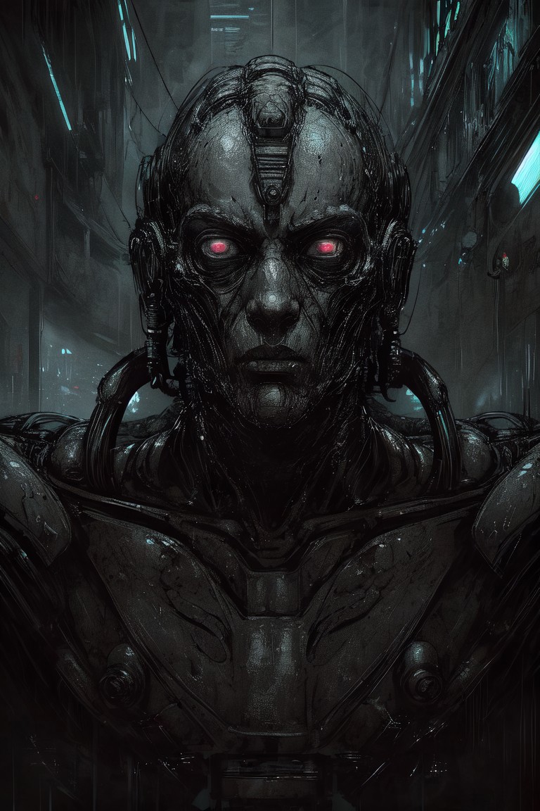 safe_pos, Create an image in the cyberpunk style featuring a half-human, half-machine character with a strong erotic undertone. The character's body is a fusion of biomechanical elements, with robotic parts seamlessly integrated into a human frame. The image should highlight a complex web of wires and cables intricately woven throughout the body, giving the impression of a technological network. The human outlines are barely visible, subdued by the metallic and mechanical components. The background could include neon lights, rain-soaked streets, or a gritty urban environment, enhancing the dystopian atmosphere. The character could be in a suggestive pose, emphasizing the contrast between organic and synthetic elements, focusing on the eerie beauty and allure of this cybernetic being. Use high levels of detail and sharp focus to bring out the sensuality and contrast in the composition.
