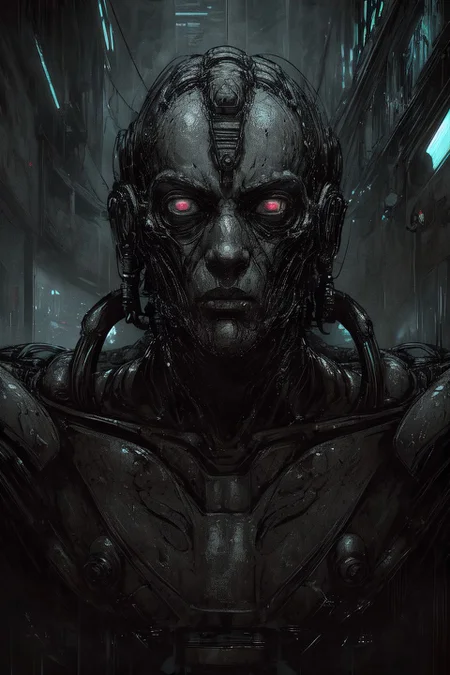 safe_pos, Create an image in the cyberpunk style featuring a half-human, half-machine character with a strong erotic undertone. The character's body is a fusion of biomechanical elements, with robotic parts seamlessly integrated into a human frame. The image should highlight a complex web of wires and cables intricately woven throughout the body, giving the impression of a technological network. The human outlines are barely visible, subdued by the metallic and mechanical components. The background could include neon lights, rain-soaked streets, or a gritty urban environment, enhancing the dystopian atmosphere. The character could be in a suggestive pose, emphasizing the contrast between organic and synthetic elements, focusing on the eerie beauty and allure of this cybernetic being. Use high levels of detail and sharp focus to bring out the sensuality and contrast in the composition.