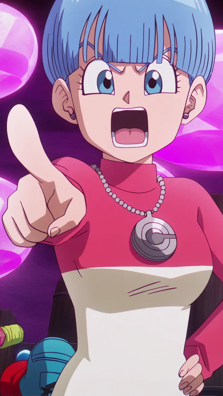 source_anime, masterpiece, best quality, amazing quality, anime screencap, high quality, 8k, absurdres, official style, 1girl, solo, looking at viewer, hand on hip, pointing, open mouth, angry, <lora:Bulma_Daima_iL:1>, bulm4 b513fs daima, short hair, blue eyes, blue hair, dress outfit, dress, jewelry, pantyhose, boots, necklace, turtleneck,