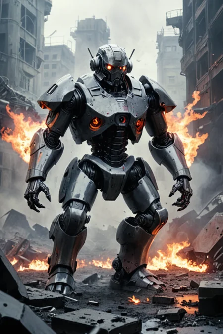(raw photo, morbid horror:1.2), (a giant battle cyborg:1.1), angry, fullmetal, robotic, mechanical parts, (burning city background:1.2), slate atmosphere, cinematic, dimmed colors, dark shot, muted colors, film grainy, lut, spooky
<lora:RMSDXL_Photo:-4><lora:RMSDXL_Creative:4>