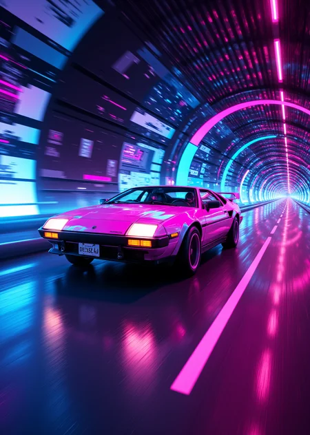 <lora:ck-Neon-Retrowave:1>, ck-nw, in the style of ck-nw, action shot of a DMC-12 car driving through a tunnel