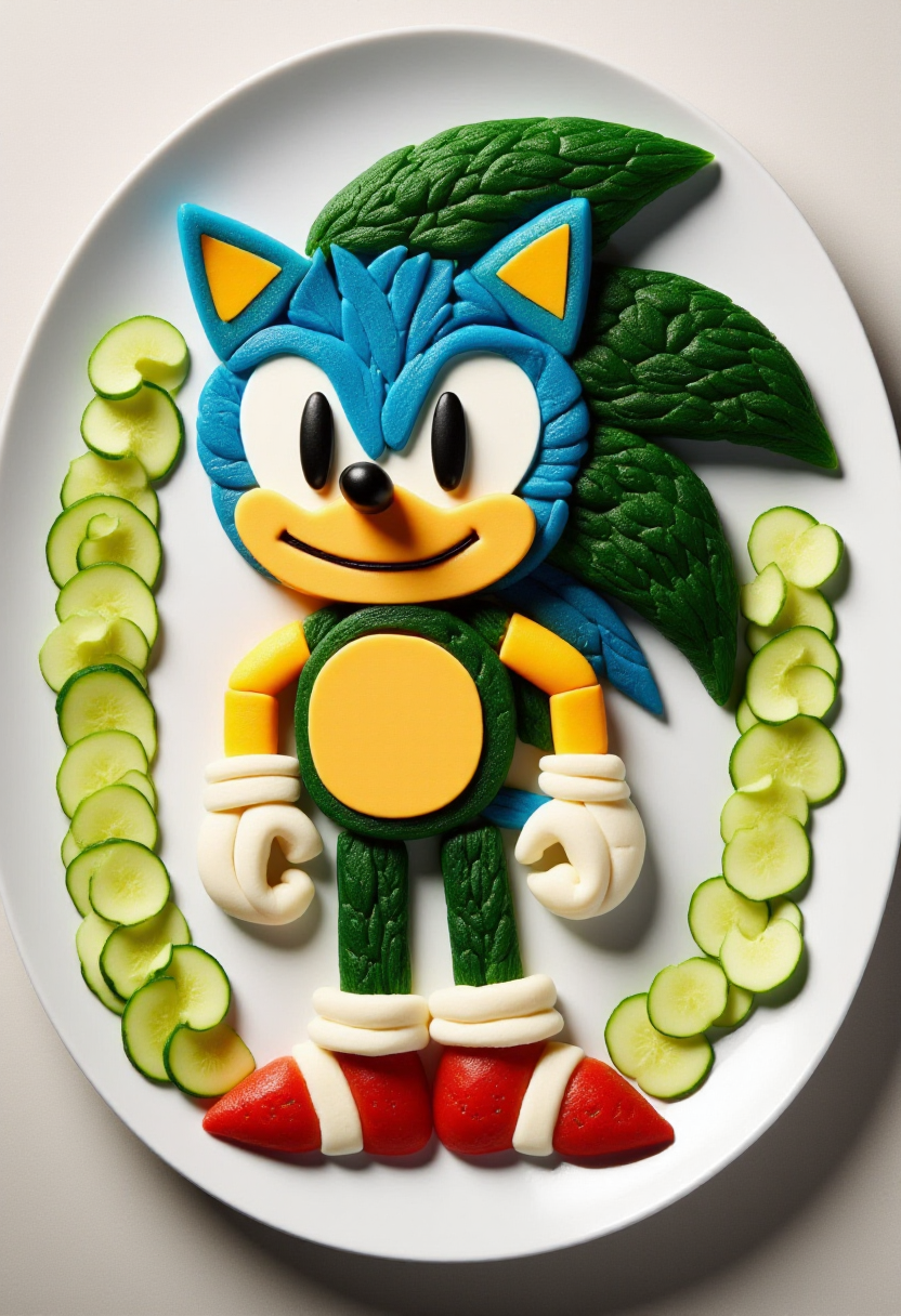 <lora:Food_Formations_FLUX-000016:1>
This is a photograph showcasing a meticulously arranged plate of food art, designed to resemble Sonic the Hedgehog.