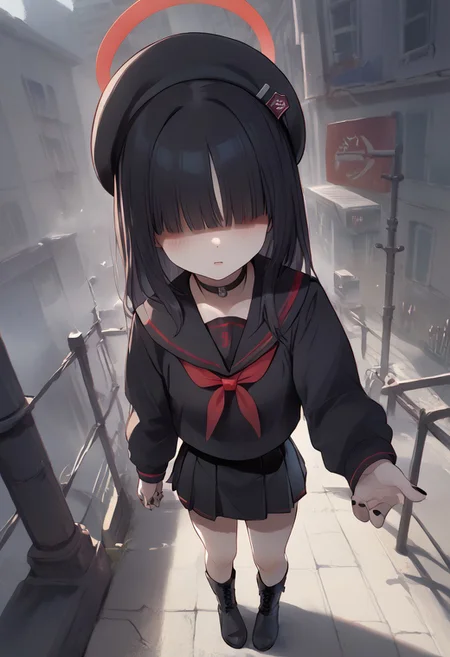score_9,score_8_up,score_7_up, rating_questionable, source_anime, 1girl, seijitsu-noeye, justice task force member \(blue archive\),(no eyes:1.2), hair over eyes, black hair, halo, choker, beret, black serafuku, red neckerchief, short skirt, thighs, goth, black fingernails, black boots, standing, (from below:0.7), dutch angle, full body, city at night