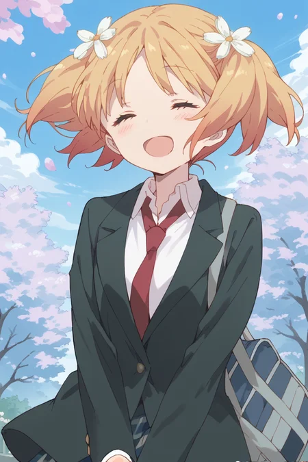 score_9, score_8_up, score_7_up, score_6_up,
<lora:Yuu_Sonoda:1> yuu, 1girl, closed eyes, school uniform, solo, hair ornament, bag, hair flower, twintails, flower, open mouth, necktie, smile, blonde hair, cherry blossoms, blazer
