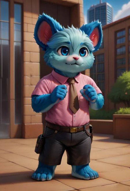 (((Barefoot furry character, full body, cinematic setting, furry male, plantigrade))) 
(((nubs_pooba))) dressed as (((businessman))), standing before (((modern glass and steel office building))), (((wearing pink shirt with brown necktie and long black pants))), stern, strict, ((arrogant))), blue fur, blue eyes, round ears, two little fangs, holds paper plates. semi-realistic animation
BREAK, intricate details, highly detailed, extreme detail, octane render, fine art, best quality, highres, (detailed face:1.5), ((full_body)), UHD, (((perfect hands))), ((low light:1.5))