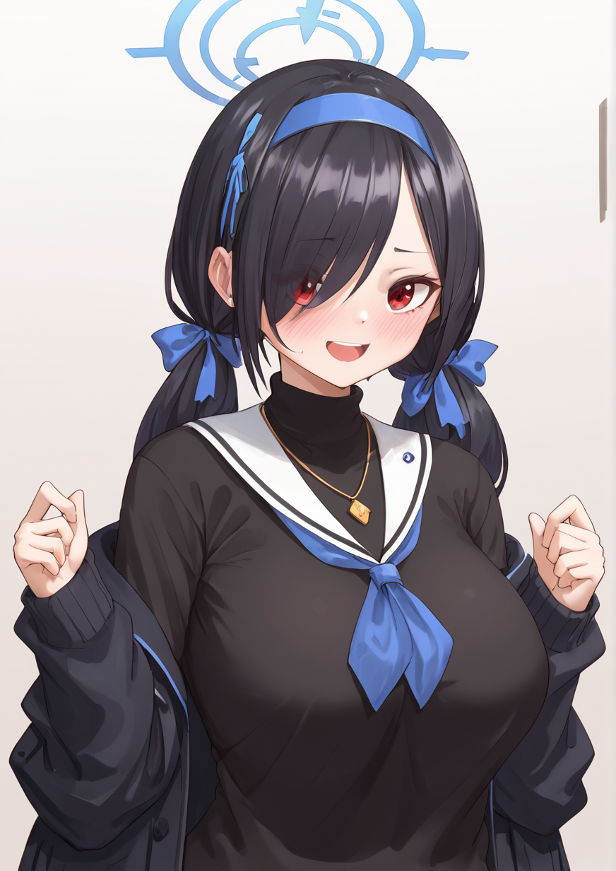 1girl, hinata (blue archive), ui (blue archive), huge breast, , alternate costume, alternate hairstyle, black hair, black sweater, blue hairband, blue neckerchief, blue ribbon, blush, breasts, cardigan, cosplay, costume switch, gold necklace, hair over one eye, hair ribbon, hairband, halo, jewelry, looking at viewer, low twintails, neckerchief, necklace, off shoulder, open mouth, red eyes, ribbon, sailor collar, shirt, smile, solo, sweater, swept bangs, turtleneck, turtleneck sweater, twintails, ui (blue archive) (cosplay), upper body, white sailor collar, white shirt, zPDXL3  <lora:åç§å:1>
