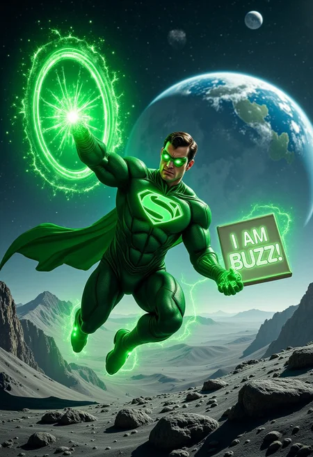 An ultra-realistic, hyper-detailed scene featuring Superman merged with Green Lantern, wearing a powerful, glowing green suit with the iconic \'S\' symbol. His suit radiates a brilliant emerald light, reflecting off his muscular physique. Superman is soaring through a cosmic battlefield, surrounded by intricate energy constructs shaped like Kryptonian symbols and lantern rings. His eyes glow intensely with green energy as he uses his ring to create a massive, detailed shield blocking a powerful energy blast. In the background, distant galaxies and epic space battles are rendered in stunning 8K resolution. A holographic message humorously floats in the scene, reading \'I Need Buzz!\' in glowing, high-tech letters. The entire scene is captured with super-realistic textures, sharp details, and vibrant colors, creating a breathtaking, cinematic experience. Super realistic, 8K, hyper-detailed, ultra HD, high quality, photorealistic, epic, cosmic, heroic, dynamic lighting, vibrant, cinematic, Superman, Green Lantern, sci-fi, comic book art. on the rock-strewn surface of the Moon surrounded by barren grey dust, the Earth in the sky looms large behind him in the dazzling sunlight. the astronaut has a patch on his suit reading "ALDRIN" and holds up a sign saying "I AM BUZZ". cinematic realistic with sharp high detail