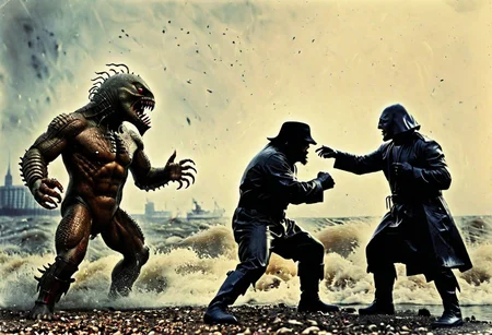 Godzilla fights with a krakn on the shore of Hamburg