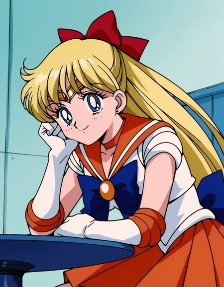 score_9, score_8_up, score_7_up, source_anime, <lora:minako-aino-s3-ponyxl-lora-nochekaiser:1>, minako aino, blonde hair, blue eyes, bow, hair bow, half updo, long hair, red bow, tiara,, back bow, choker, elbow gloves, gloves, jewelry, magical girl, orange choker, orange sailor collar, orange skirt, sailor collar, sailor senshi uniform, school uniform, serafuku, skirt, white gloves,, indoors, smile, looking at viewer, solo, sitting, head rest, table,, cowboy shot, dutch angle