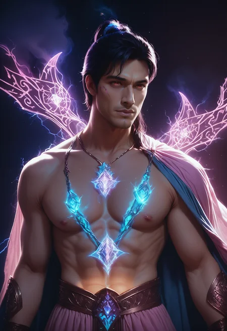 D&D style portrait, fantasy, digital art, Male AI, wearing Nightgown, concept art, man, detailed face, professional fine composition, advanced cinematic perfect light, detailed, complimentary colors, intense, elegant, vivid colors, extremely rich detail, SeijSDXL <lora:SeijSDXL:1>, pinkmist, <lora:heartmiststyle:0.5>