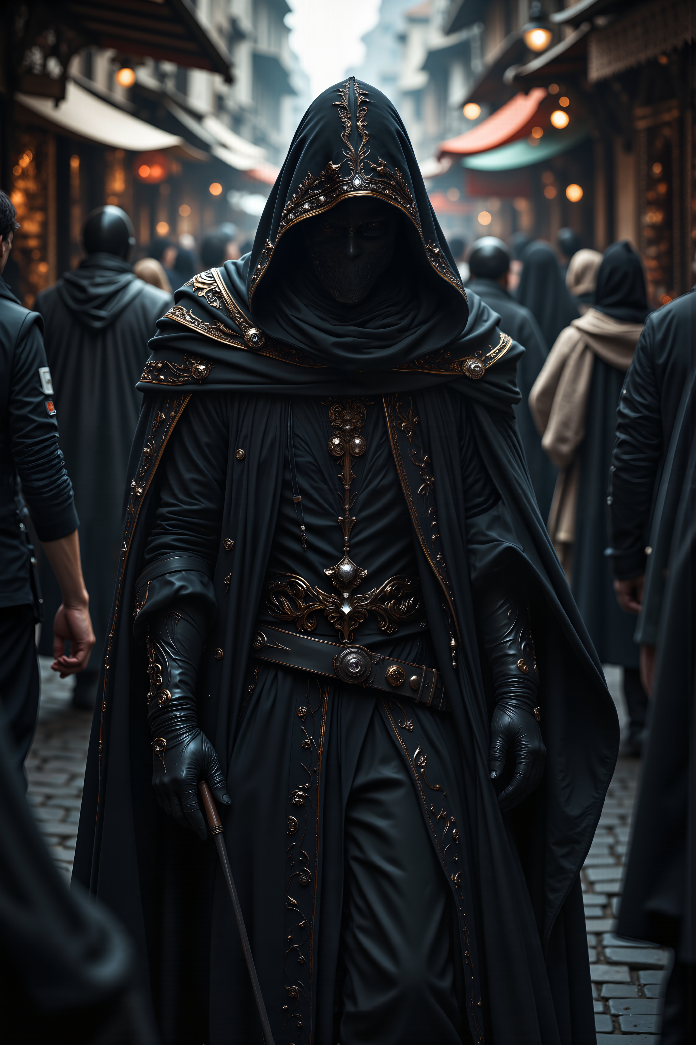 A hyper-realistic portrait, photorealistic photo close-up image of  In the heart of a bustling marketplace, a mysterious figure weaves through the crowd, their presence barely noticed by the busy merchants and traders who call out their wares. Draped in a cloak of deep, shadowy black, the stranger moves with the grace of a predator, each step purposeful, yet nearly silent. Their face is hidden beneath a hood, and the faint glimmer of golden embroidery along the edges of their cloak catches the light only for a moment before disappearing back into the folds of shadow. The air is thick with the scent of spices, roasted meats, and freshly baked bread, but the stranger seems untouched by the vibrant life of the market. People part unknowingly as they pass, a subtle ripple in the crowd that suggests an unseen power at work. The sounds of haggling and laughter fill the square, but to the stranger, they seem distant, muffled, as though they are walking in a world just adjacent to this one. Their gloved hands remain hidden beneath the cloak, though the faintest glint of silver can be seen at their waistâa weapon, perhaps, or something more ancient and dangerous. (photography, high-resolution, dynamic, energetic,hyper-realistic, dramatic lighting, shallow depth of field.), detailmaximizer, MythP0rt<lora:midjourney_whisper_flux_lora_v01:0.55><lora:aidmaMJ6.1-FLUX-V0.1:0.4><lora:FluxMythP0rtr4itStyle:0.4><lora:detailed_flux_ntc:2.2><lora:aidmaImageUpgrader-FLUX-V0.1:0.65>