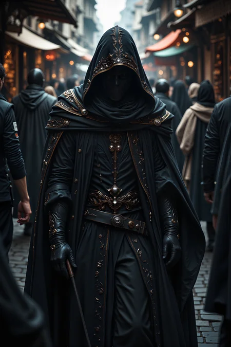 A hyper-realistic portrait, photorealistic photo close-up image of In the heart of a bustling marketplace, a mysterious figure weaves through the crowd, their presence barely noticed by the busy merchants and traders who call out their wares. Draped in a cloak of deep, shadowy black, the stranger moves with the grace of a predator, each step purposeful, yet nearly silent. Their face is hidden beneath a hood, and the faint glimmer of golden embroidery along the edges of their cloak catches the light only for a moment before disappearing back into the folds of shadow. The air is thick with the scent of spices, roasted meats, and freshly baked bread, but the stranger seems untouched by the vibrant life of the market. People part unknowingly as they pass, a subtle ripple in the crowd that suggests an unseen power at work. The sounds of haggling and laughter fill the square, but to the stranger, they seem distant, muffled, as though they are walking in a world just adjacent to this one. Their gloved hands remain hidden beneath the cloak, though the faintest glint of silver can be seen at their waistâa weapon, perhaps, or something more ancient and dangerous. (photography, high-resolution, dynamic, energetic,hyper-realistic, dramatic lighting, shallow depth of field.), detailmaximizer, MythP0rt<lora:midjourney_whisper_flux_lora_v01:0.55><lora:aidmaMJ6.1-FLUX-V0.1:0.4><lora:FluxMythP0rtr4itStyle:0.4><lora:detailed_flux_ntc:2.2><lora:aidmaImageUpgrader-FLUX-V0.1:0.65>