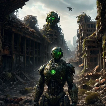 Apocalyptic landscape inspired by Fallout,wasteland, post-apocalyptic,4K HD,wide angle, cinematic,very detailed,
building in ruin, city in ruin, urban decay, a crowd prostrates before a humanoid robot
