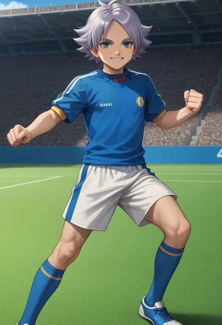 score_9, score_8_up, source_anime, highly detailed, 1boy, solo, male_focus
,fubuki, solo, 1boy, male focus,,grey hair,,smile, looking at viewer,sweaty,,blue soccer uniform,soccer field,,long socks,blue socks,(leg hair),,(kicking soccer ball),soccer game,dynamic pose