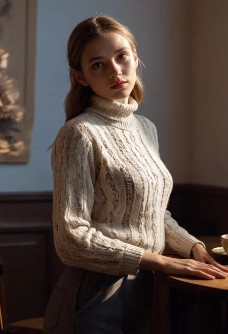 conservative woman, breakfast nook with lace curtains, (high-neck sweater with wide-leg pants), modest face expression, cropped torso, sdxl_cyberpositive_photo