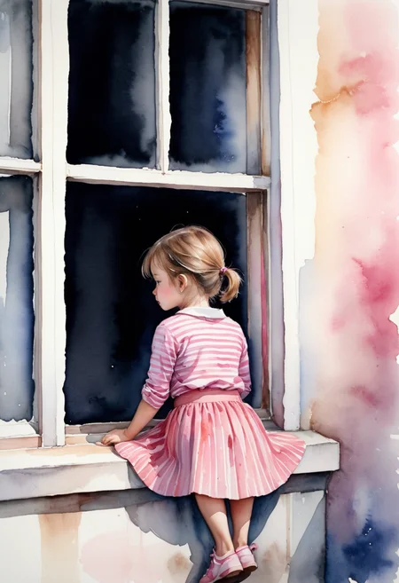 Watercolor painting of a little girl sitting on a window,back side view,striped shirt,pink skirt,