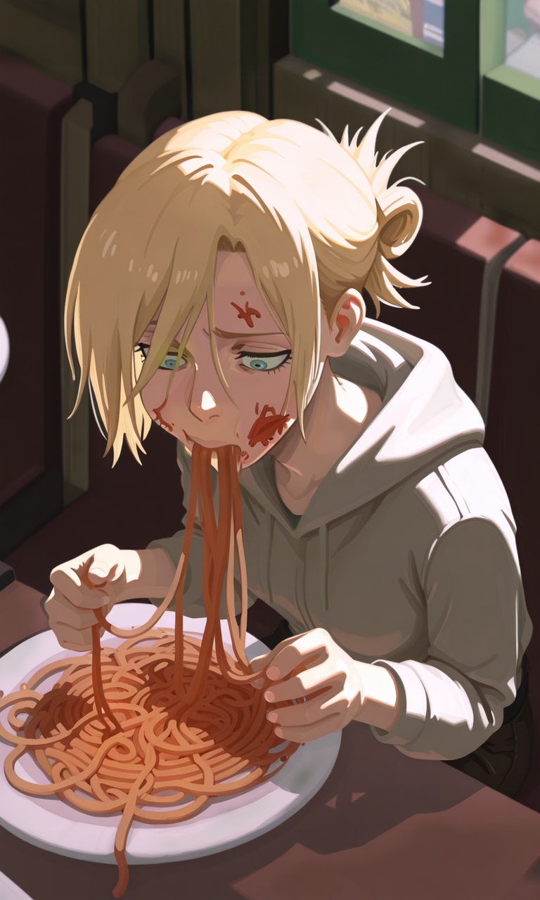 embedding:IllusP0s, g00se, 1girl, Annie Leonhart_\(shingeki no kyojin\), eating spaghetti, ((holding spaghetti)), eating with hands, ((akimbo spaghetti)), ((holding spaghetti)) (((((spaghetti))))) indoors, italian restaurant, ((spaghetti on face)) (((messy eating)), messy face, from above,<lora:g00se_v2_ill.safetensors:1.0:1.0>