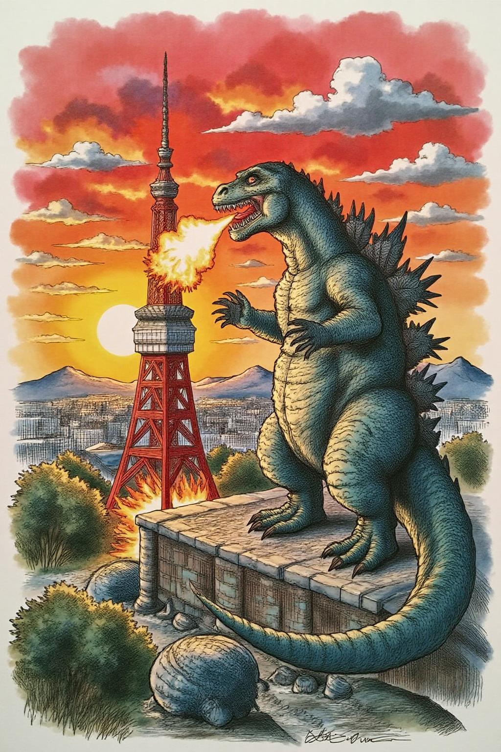 joten1 illustration.
Godzilla breathing fire on Tokyo tower at sundown  <lora:joten1_cap_d6a3e12:1.0><lora:821778078964531955:0>