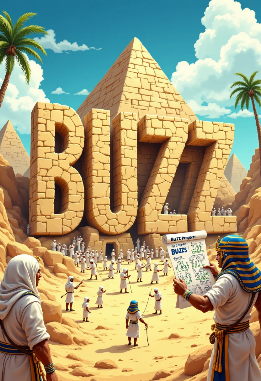 Subject: A whimsical cartoon-style scene in ancient Egypt, featuring the construction of a colossal "Buzz Pyramid" made of massive stone letters spelling 'Buzz'.
Style: Lighthearted and humorous cartoon art with exaggerated expressions and vibrant details, reminiscent of animated storytelling.
Composition: The giant stone letters dominate the foreground, where dozens of Egyptian workers in simple linen kilts and headscarves are pushing the blocks into place. Overseers with exaggerated gestures and whips comically shout orders. Near the camera, one Egyptian soldier in a gold and blue nemes headdress proudly holds a rolled-out papyrus displaying the 'Buzz Project!' blueprint with doodles of the Buzz Pyramid and stick-figure workers.
Lighting: A bright, sunlit day with warm tones of golden sand and a vibrant blue sky. Soft shadows emphasize depth while keeping the scene playful.
Color Palette: Warm yellows and golds dominate the sand and stone, with accents of blue and white in the sky, and earthy tones for the workers and tents.
Mood/Atmosphere: Playful and absurd, capturing the humor in the exaggerated efforts of the workers and the ambitious scale of the Buzz Pyramid project.
Technical Details: Slightly wide-angle perspective to emphasize the scale of the Buzz Pyramid. Workers are scattered at different depths to add dynamism.
aidmafluxpro1.1