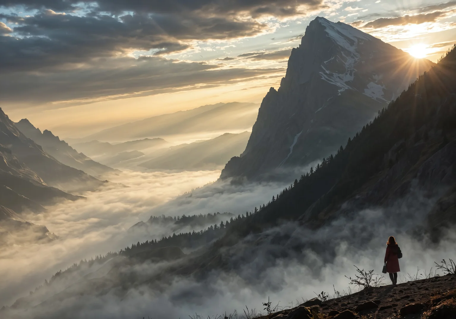 masterpiece, best quality, ultra-detailed, realistic skin, depth of field,
woman in the distance, mist, fog, top of a mountain, sunrise