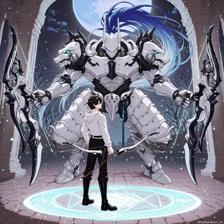 2boys, gay, yaoi, human x robot, interspecies, size difference, contrasting builds, full body, perfect anatomy, easynegative, clear eyes, BREAK 

[1boy, m1namoto_n0_tametom0, robot, helmet, long blue hair, ponytail, white armor, halfskirt, bow_(weapon)], BREAK

[1boy, Ritsuka_Fujimaru, (Human), twink, pale skin, short hair, black hair, turquoise eyes, (glasses), dagger, spellbook, white and black hooded robe, black boots], BREAK

Barren plains, night, blood moon, smile, standing together, look at each other, magic circle, glow, BREAK

masterpiece, perfect quality, best quality, perfect anatomy, absolutely eye-catching, homoerotic, BREAK

((4k,8k,Ultra HD)),((Masterpiece :1.2)),((Best quality :1.2)),((Detailed :1.5)),((Detailed background :1.5))