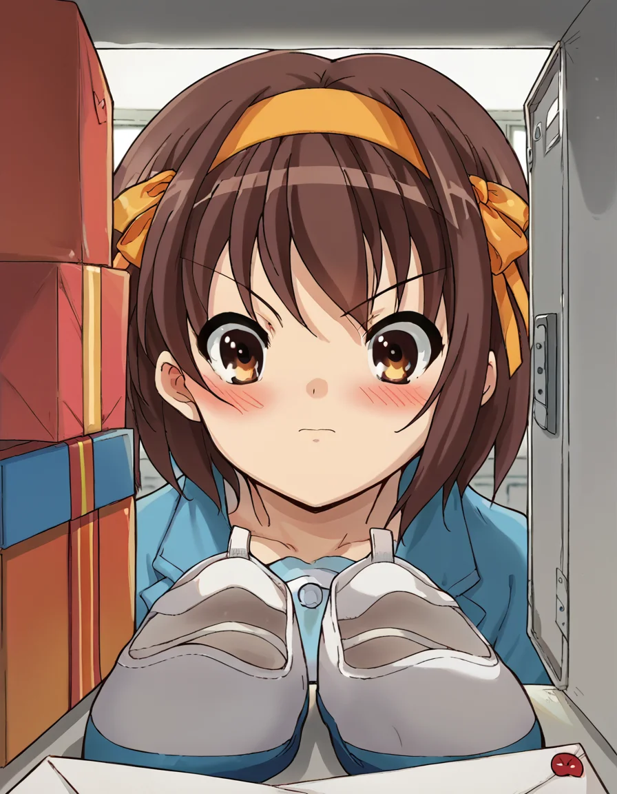 score_9, score_8_up, score_7_up, source_anime, <lora:haruhi-suzumiya-s1-ponyxl-lora-nochekaiser:1>, haruhi suzumiya, short hair, brown hair, brown eyes, hairband, medium hair, ribbon, hair ribbon,, <lora:shoe-locker-pov-ponyxl-lora-nochekaiser:1> shoe locker pov, locker, letter, school, gift box, unworn shoes, blush,, ,