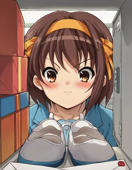 score_9, score_8_up, score_7_up, source_anime, <lora:haruhi-suzumiya-s1-ponyxl-lora-nochekaiser:1>, haruhi suzumiya, short hair, brown hair, brown eyes, hairband, medium hair, ribbon, hair ribbon,, <lora:shoe-locker-pov-ponyxl-lora-nochekaiser:1> shoe locker pov, locker, letter, school, gift box, unworn shoes, blush,, ,